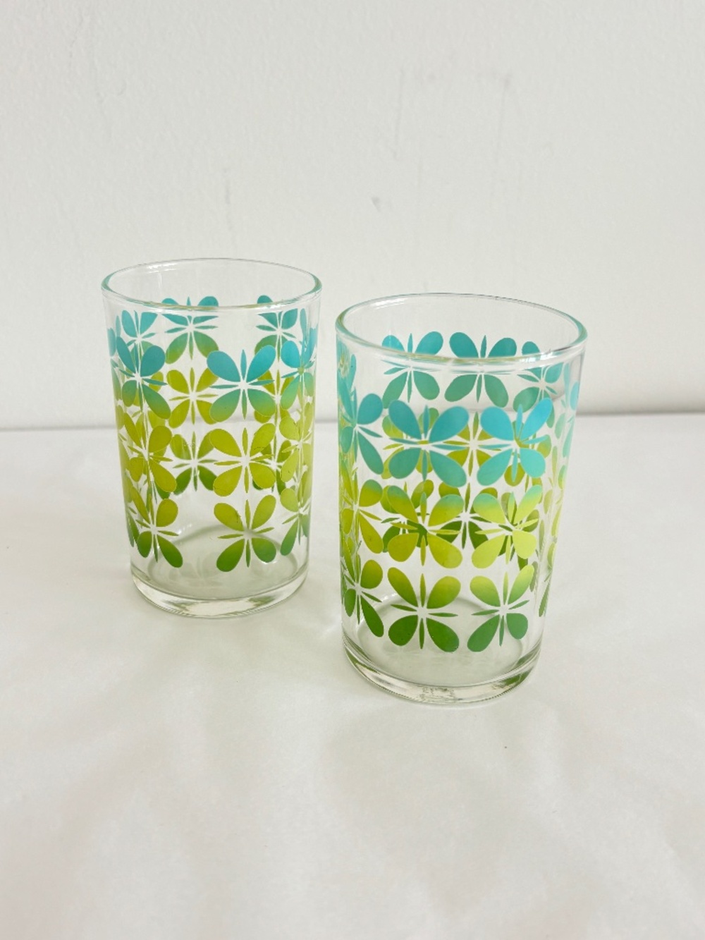 Vintage Federal Glass SET OF TWO Mid Century drinking glasses floral design